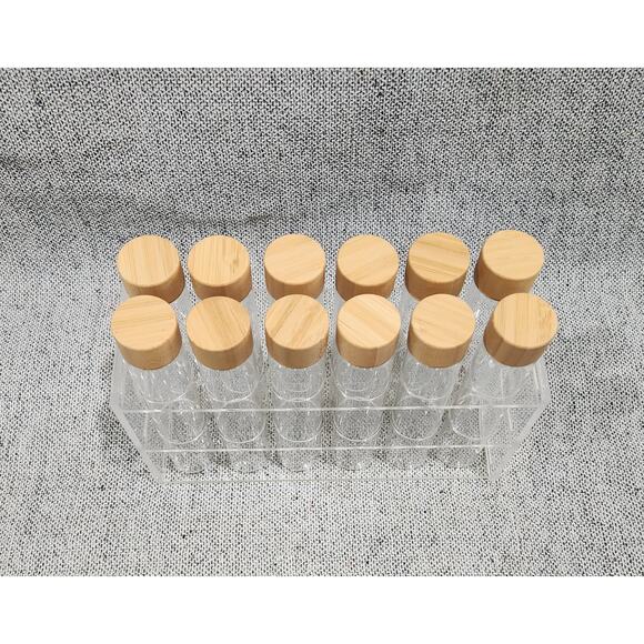 Coffee Bean Storage Tubes Set 14pc Glass Vials w/ Wood Lids + Stand - Picture 3 of 7